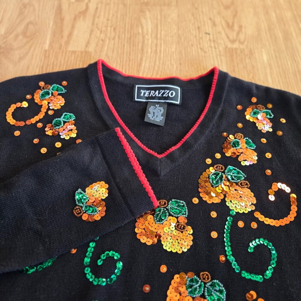 Vintage Pumpkin Sequin Sweater Black Fall‎ Halloween V-Neck M